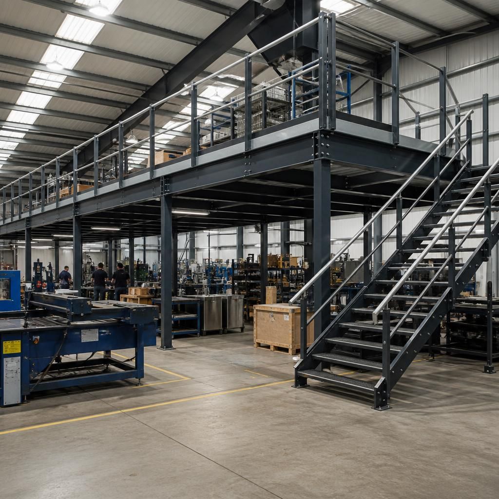 Steel mezzanine floor inside a factory with columns, stairs and production equipment