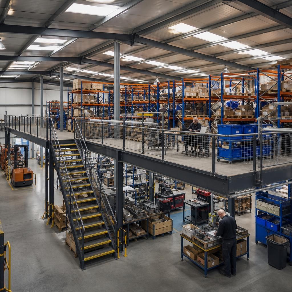 Steel mezzanine with pallet racking and workstations inside a factory