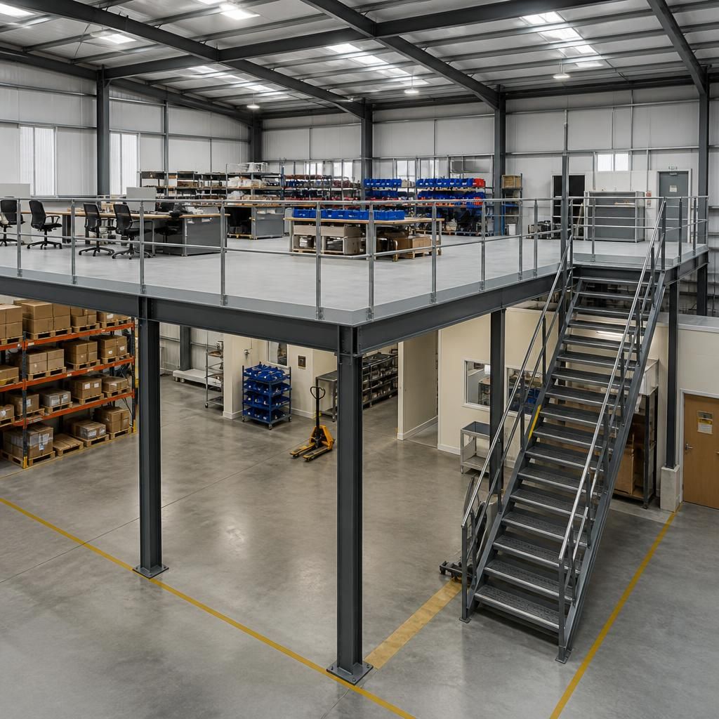 Steel mezzanine floor layout showing stairs, columns and open working areas