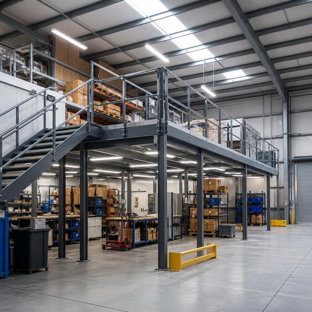 Steel mezzanine floor inside a factory with storage beneath and access stairs