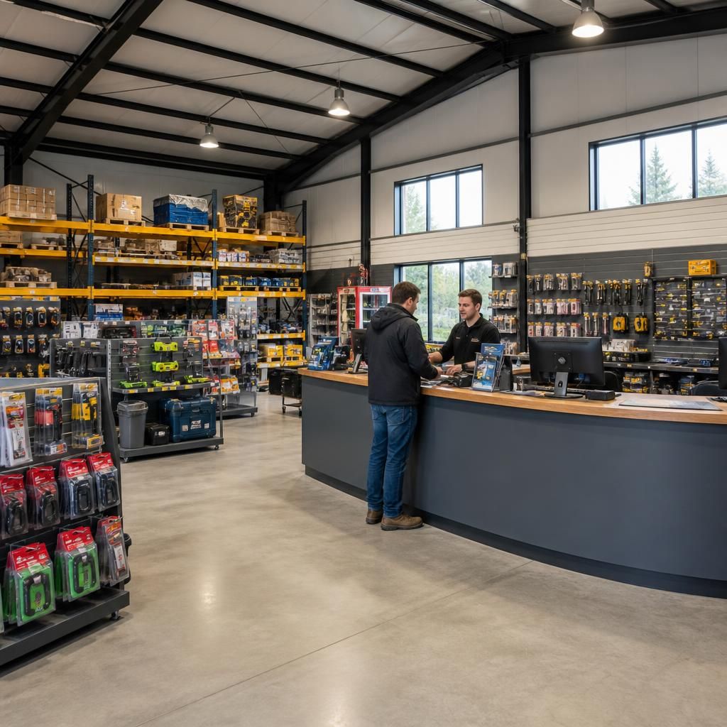 Trade counter showroom with service desk, product displays and storage racking