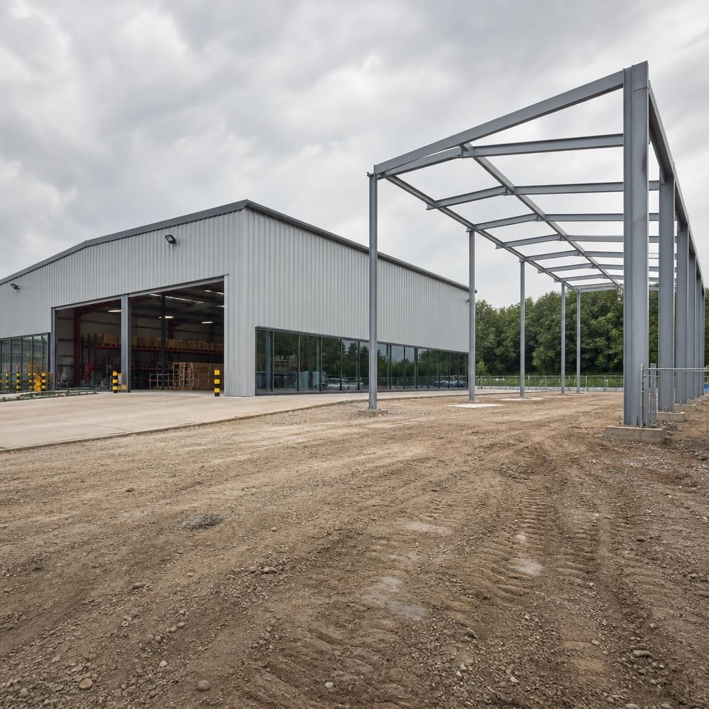 Steel-framed factory shop building beside a cleared area for a potential extension