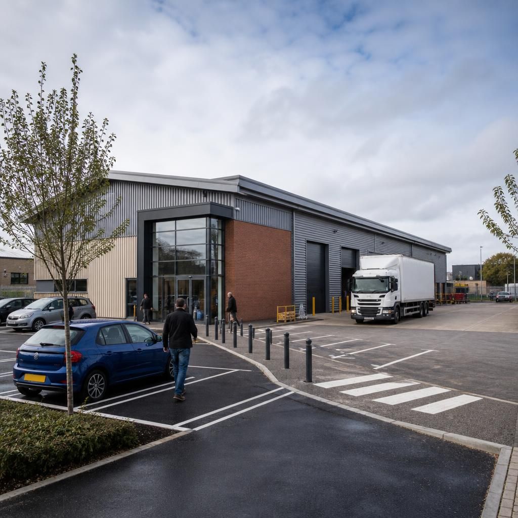 Factory shop building with separate customer entrance and delivery yard
