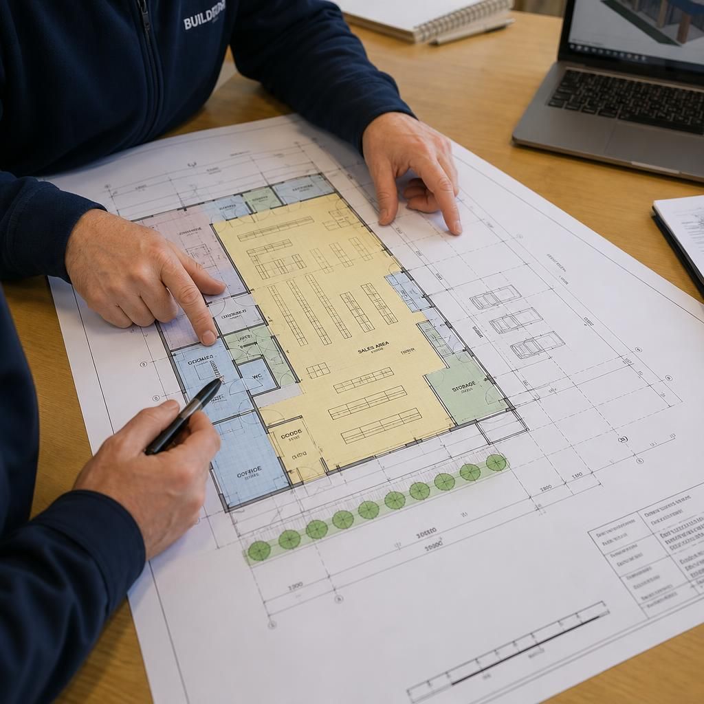 Scaled floor plan showing sales, storage and goods-in zones in a factory shop building