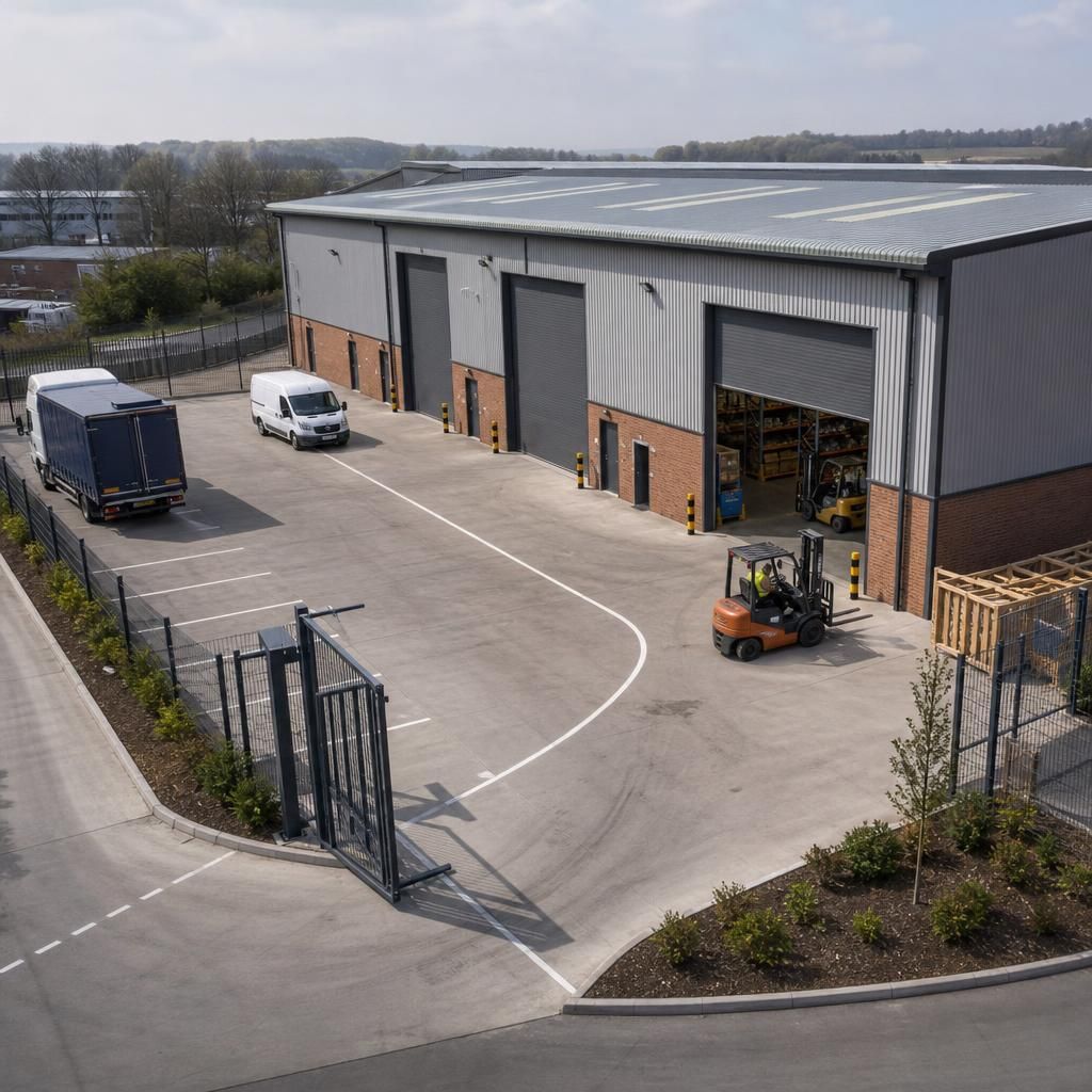 Factory building with roller shutter doors, delivery yard and vehicle access routes