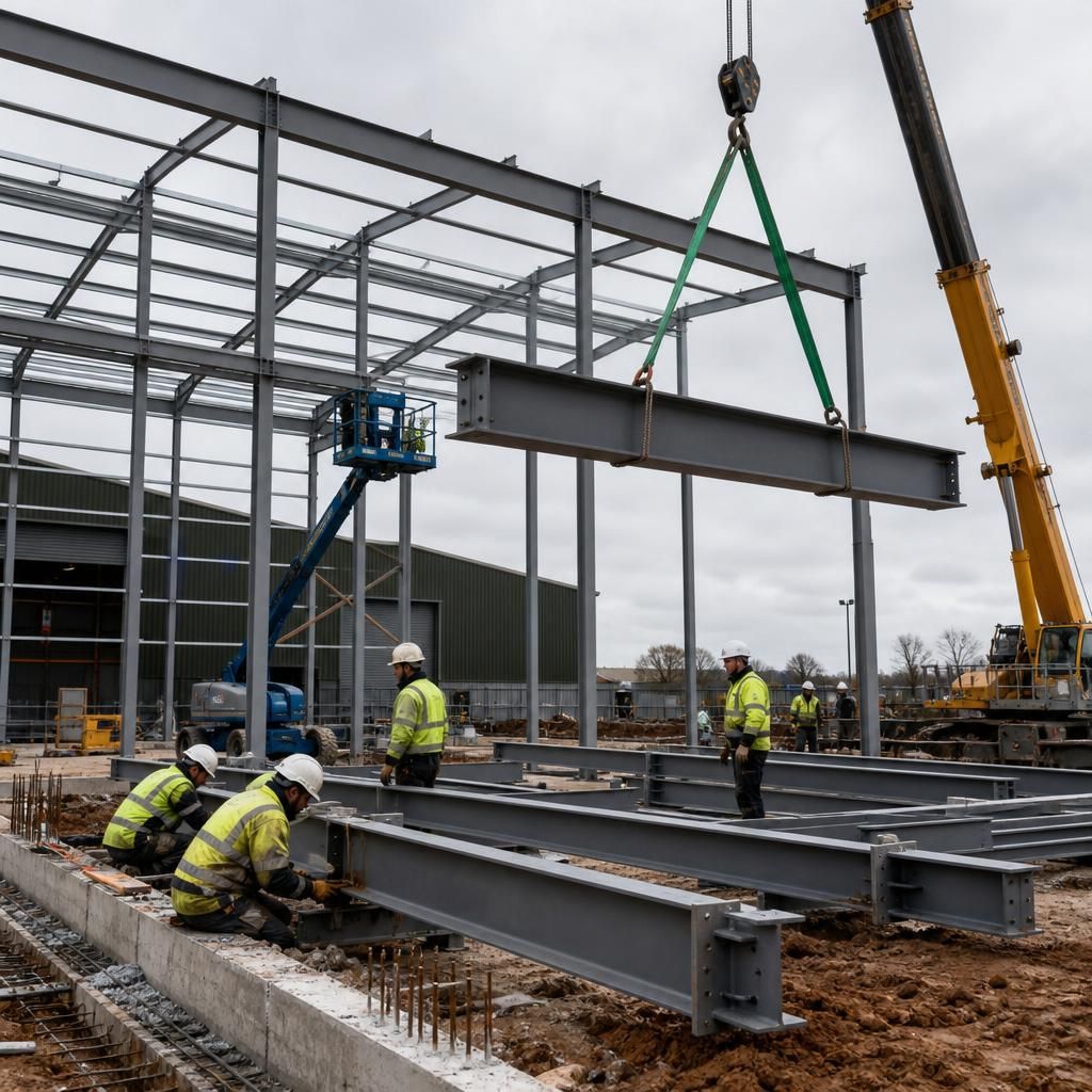 Steel frame sections being assembled on a factory construction site