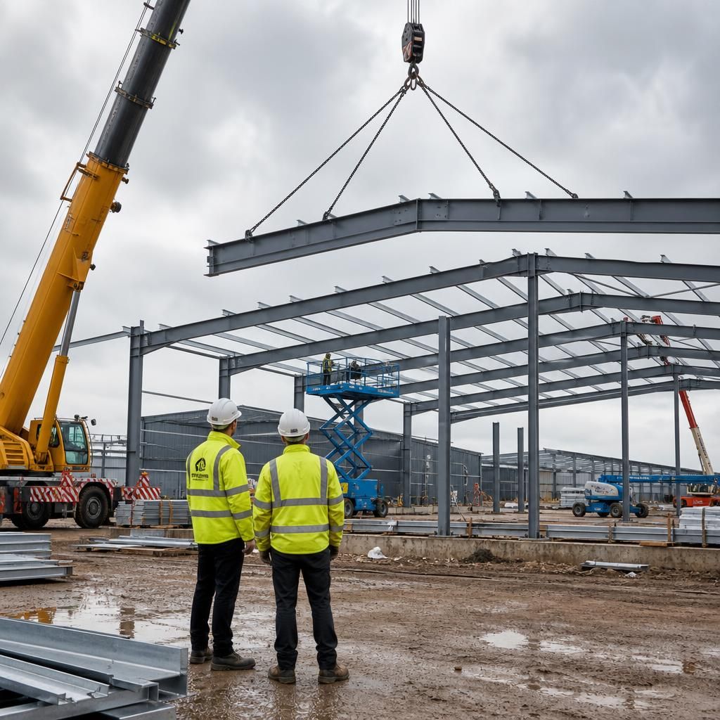Steel frame being lifted into position during factory building installation