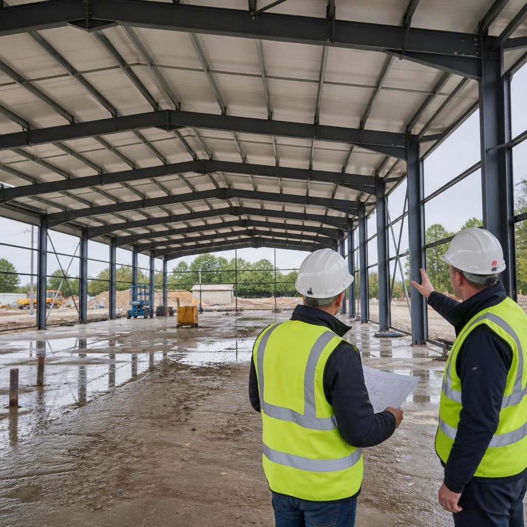 Steel portal frame inside a factory under construction, showing the roof structure and clear internal space