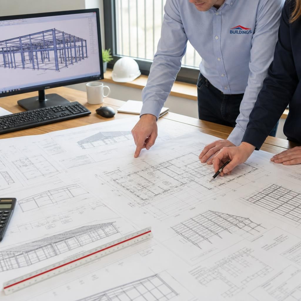 Factory building drawings showing a floor plan, elevations and structural steel frame details