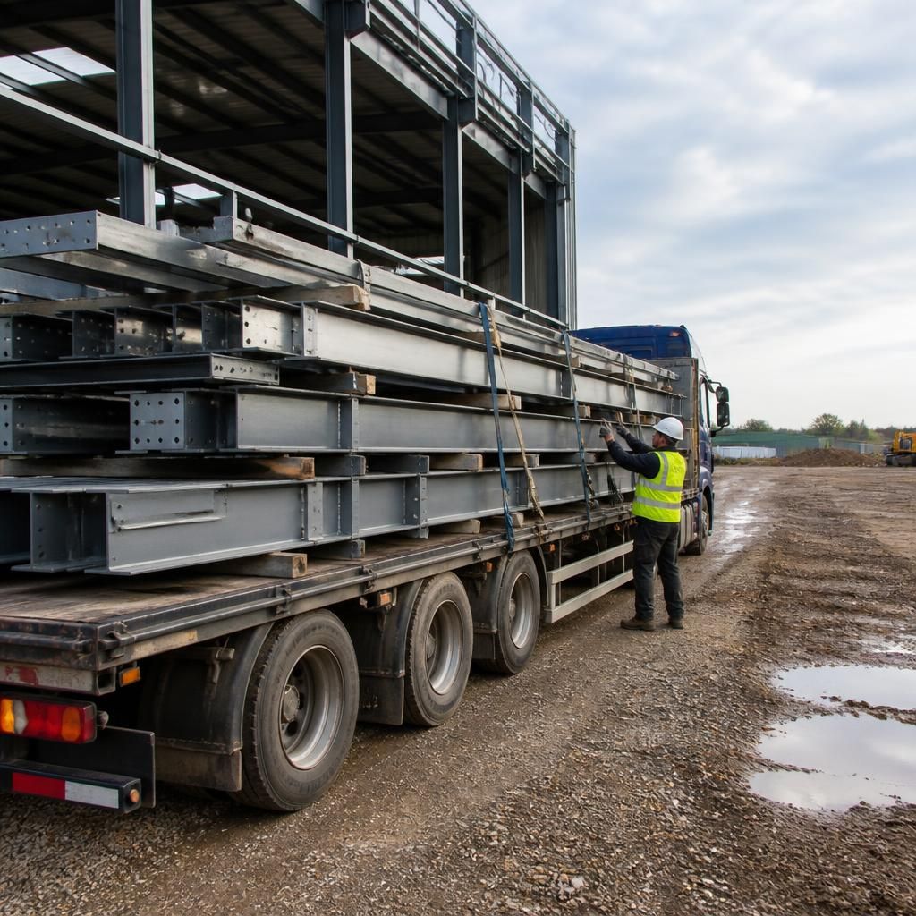 Bundled steel frame components loaded on a lorry beside an industrial building site