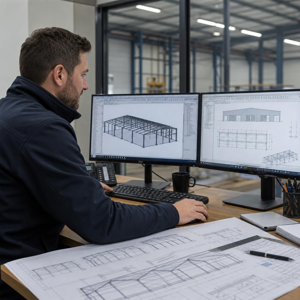 Industrial steel frame with roof structure and cladding panels under construction