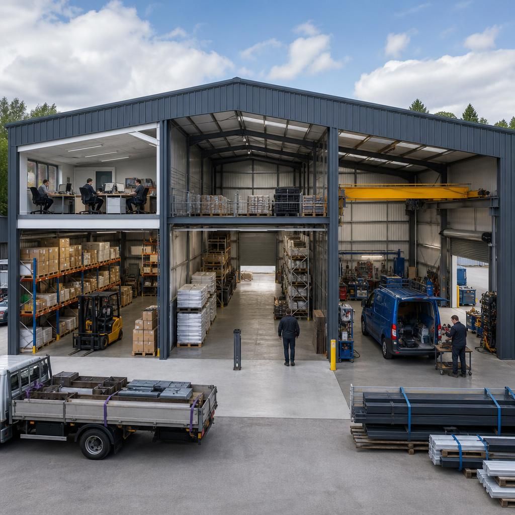 Commercial steel frame building with office, storage and workshop areas