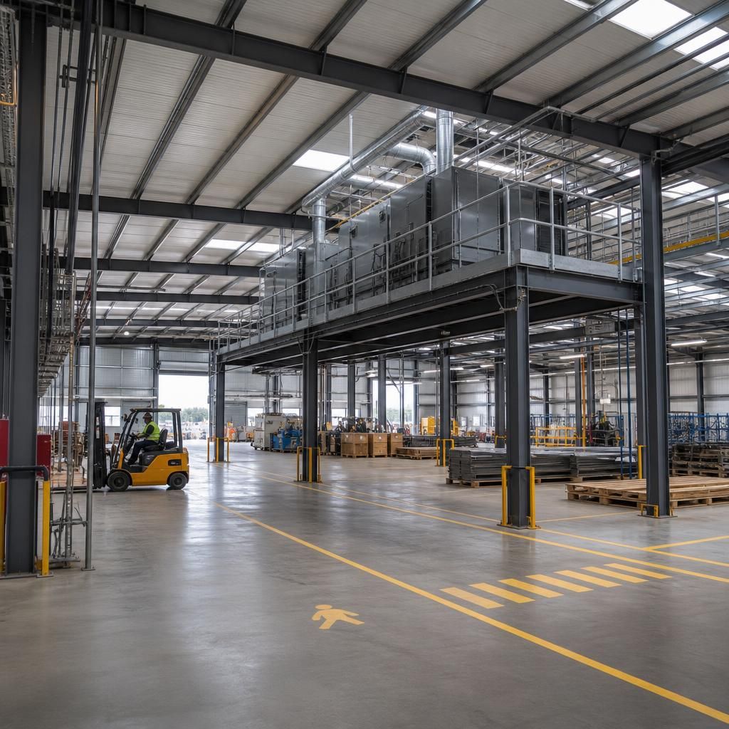 Steel frame with roof plant supports, overhead services and marked vehicle routes