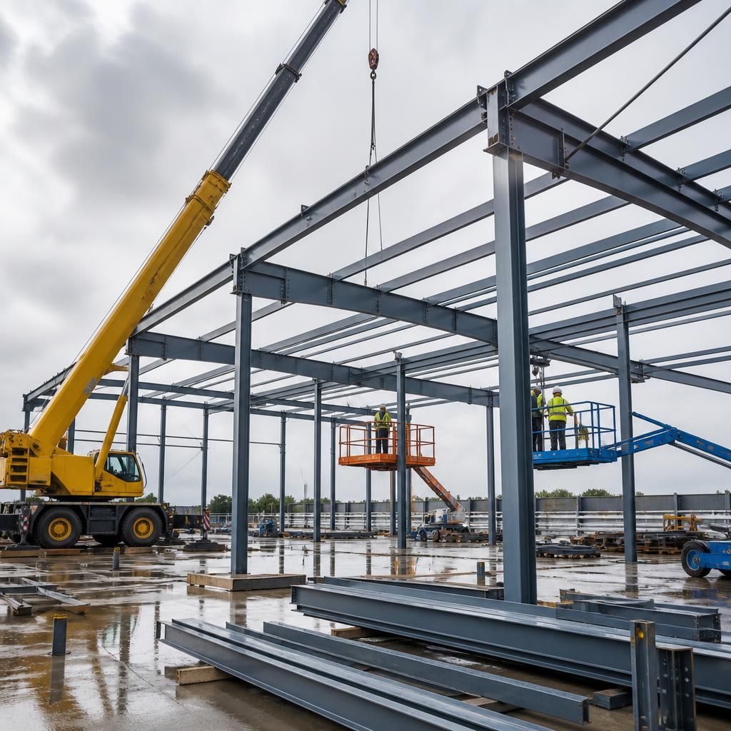 Steel frame components being assembled for an industrial building