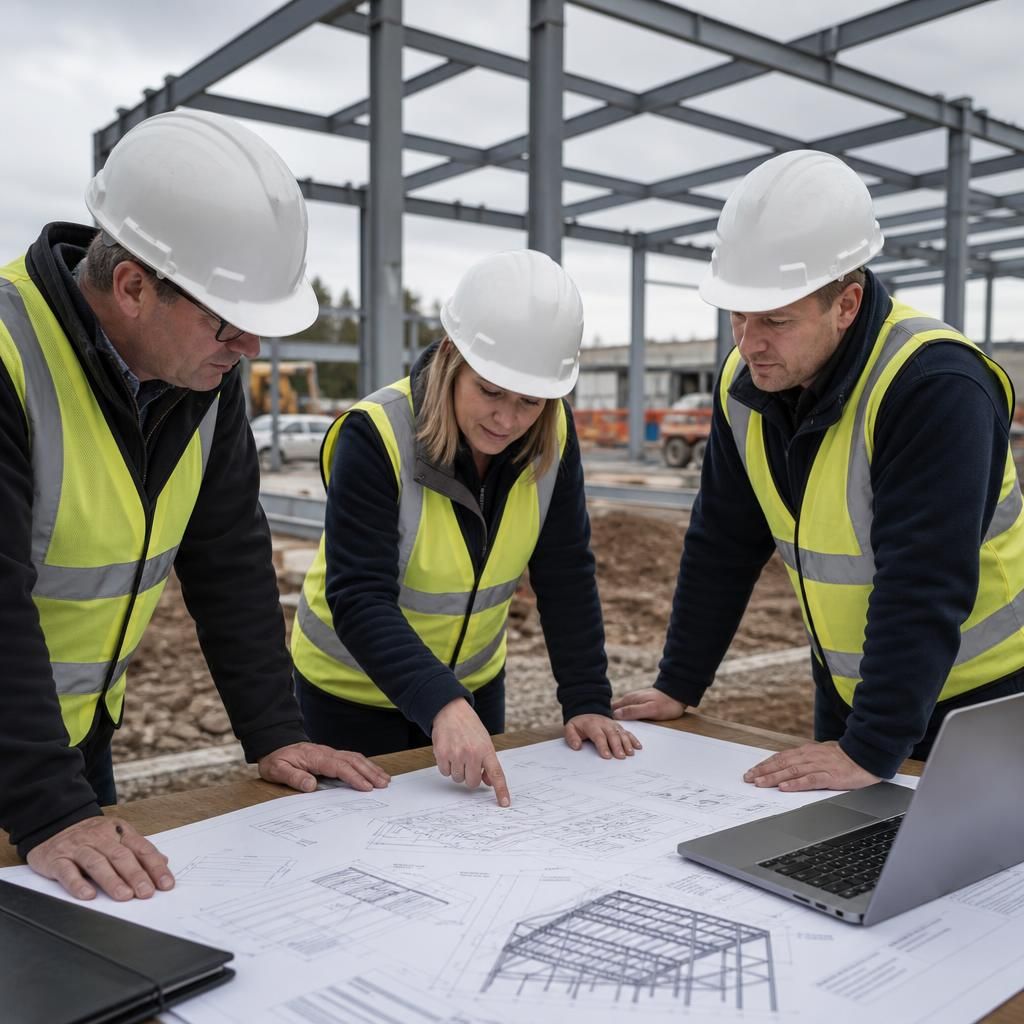 Industrial steel frame drawings reviewed beside a building construction site