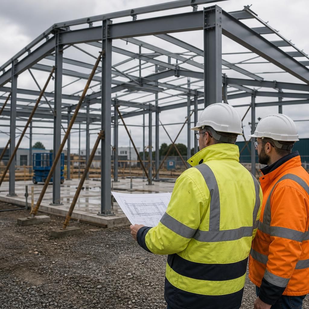 Steel frame with temporary bracing during industrial building erection