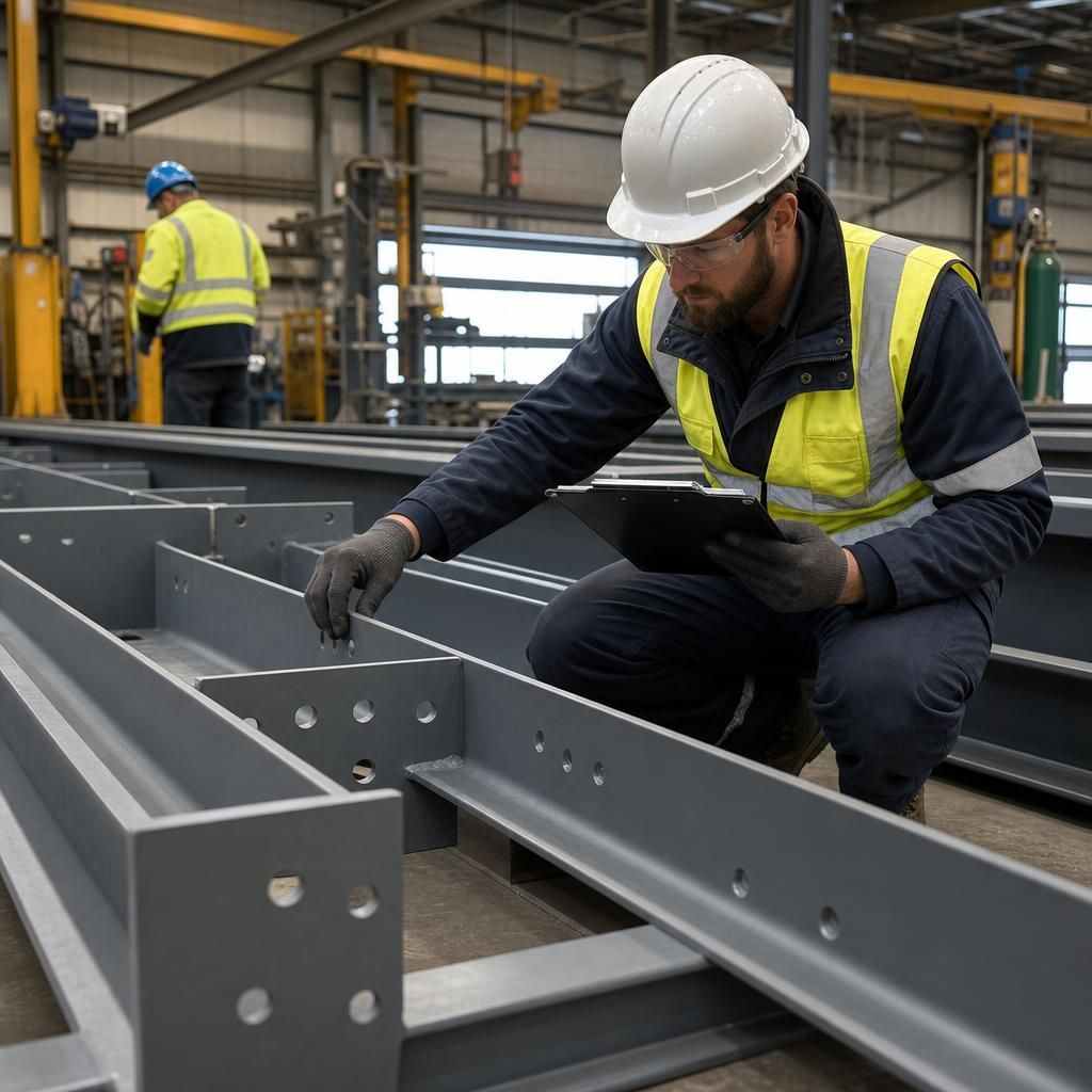 Steel frame components being inspected during fabrication
