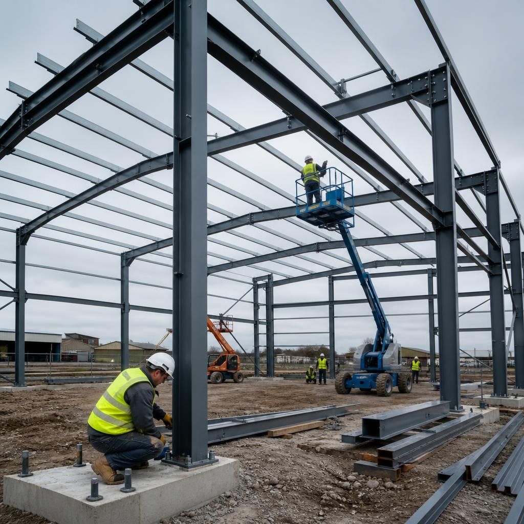 Workers assembling a hot rolled steel frame on concrete foundations