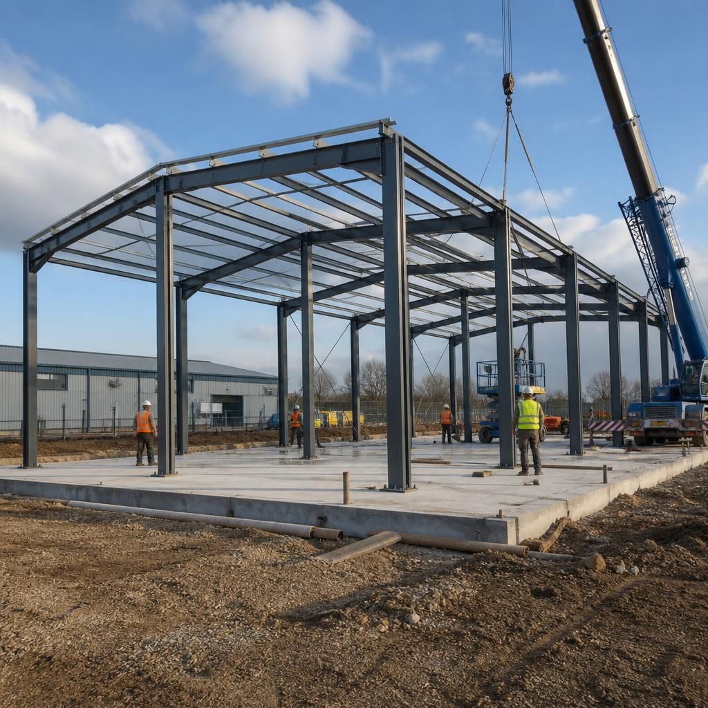 Steel frame being assembled on a prepared industrial building foundation