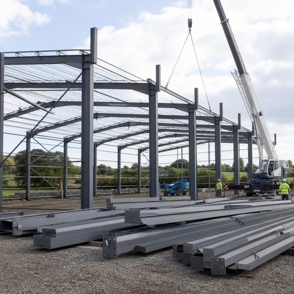Steel frame components being assembled for an industrial building