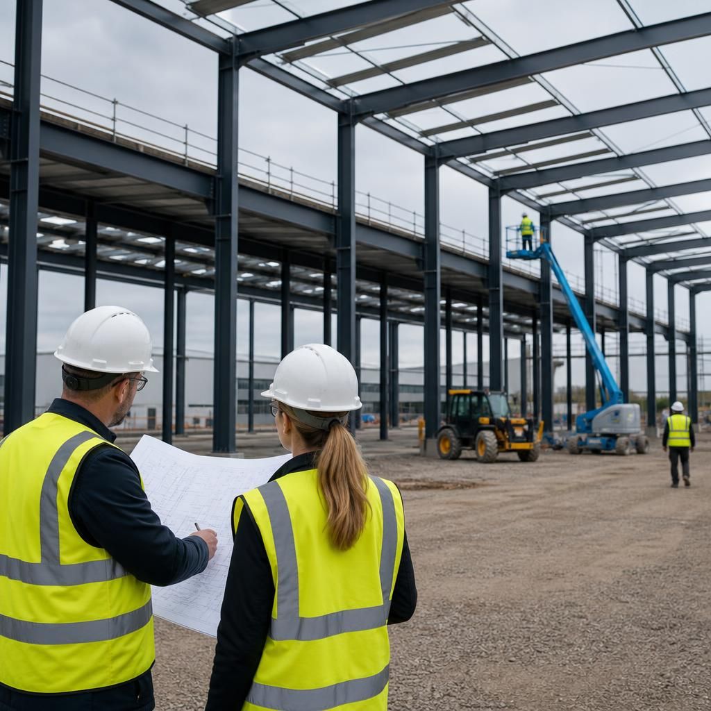Industrial steel frame showing bracing, roof panels and foundation connections during construction