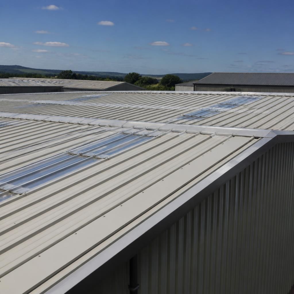 Industrial steel building roof with insulated composite panels and rooflights