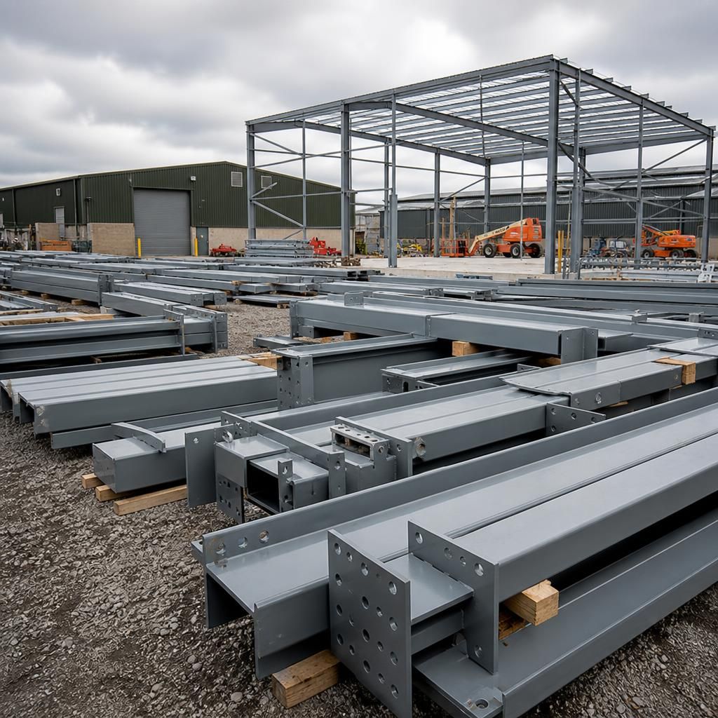 Steel frame components arranged for assembly at an industrial warehouse site