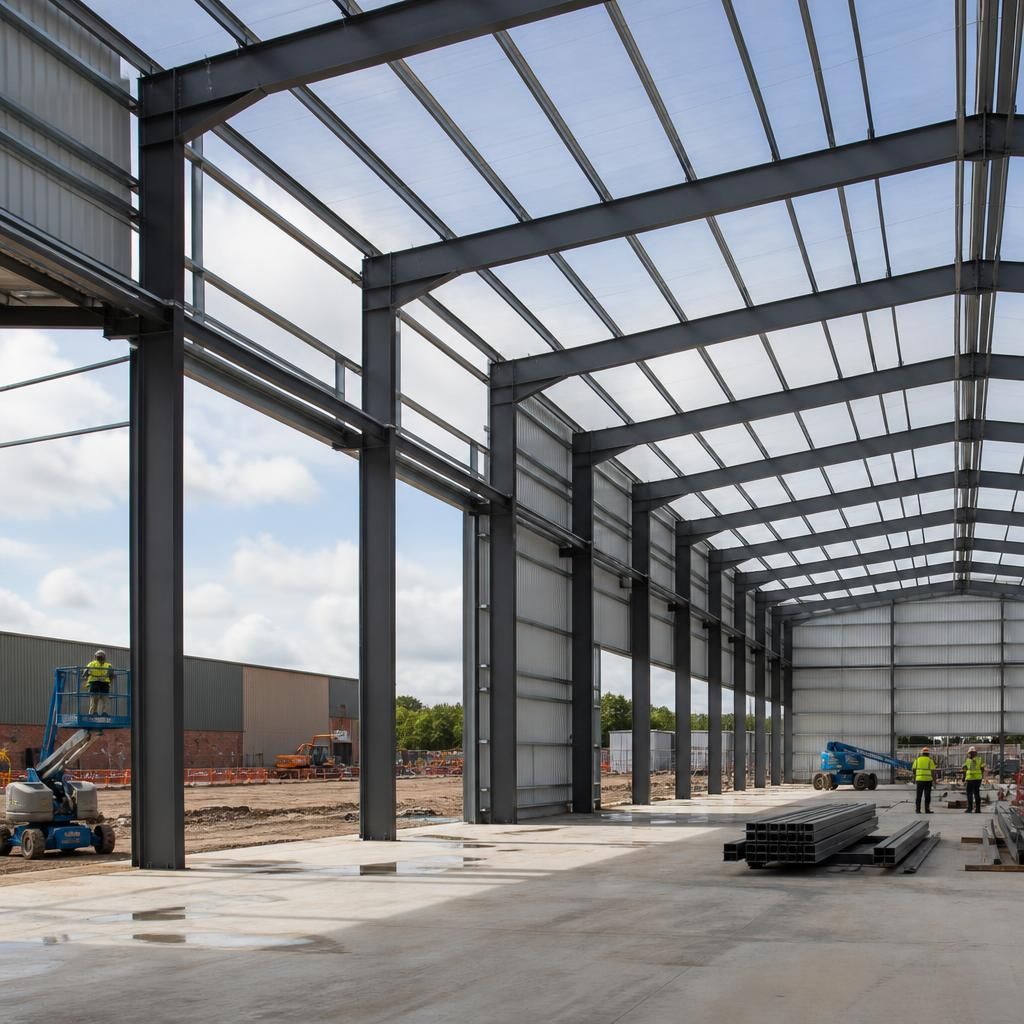 Industrial warehouse steel frame with roof and wall cladding under construction