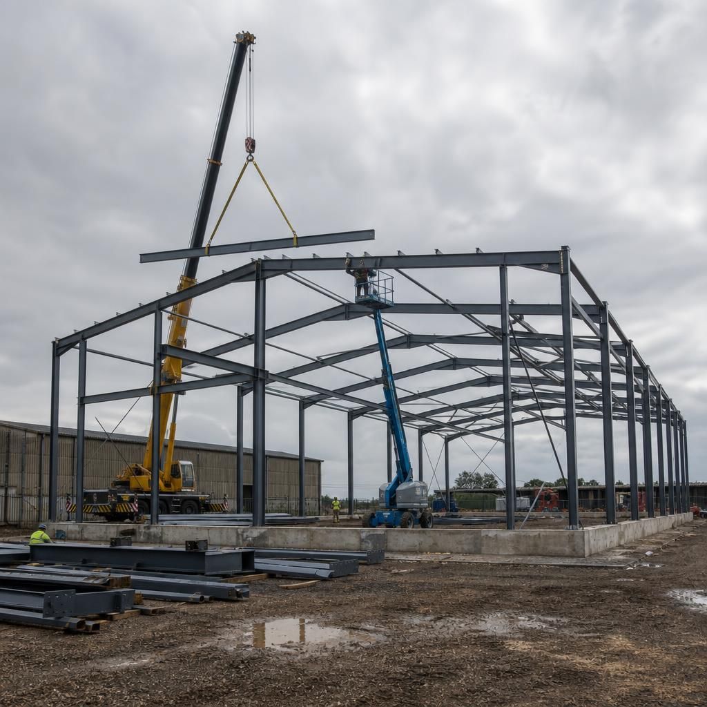 Steel warehouse frame being lifted into position during construction