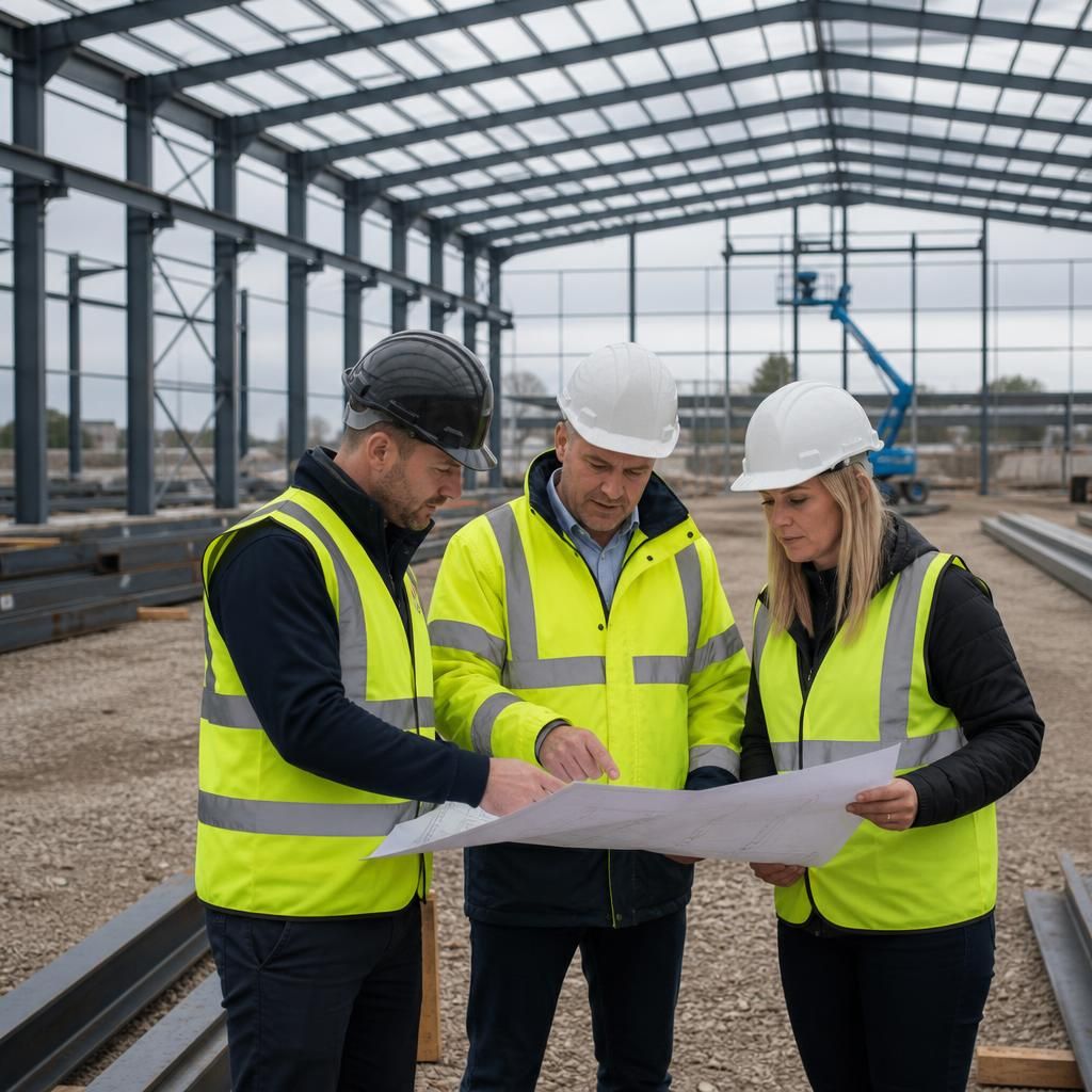Steel-framed industrial warehouse under construction with roof structure and cladding panels