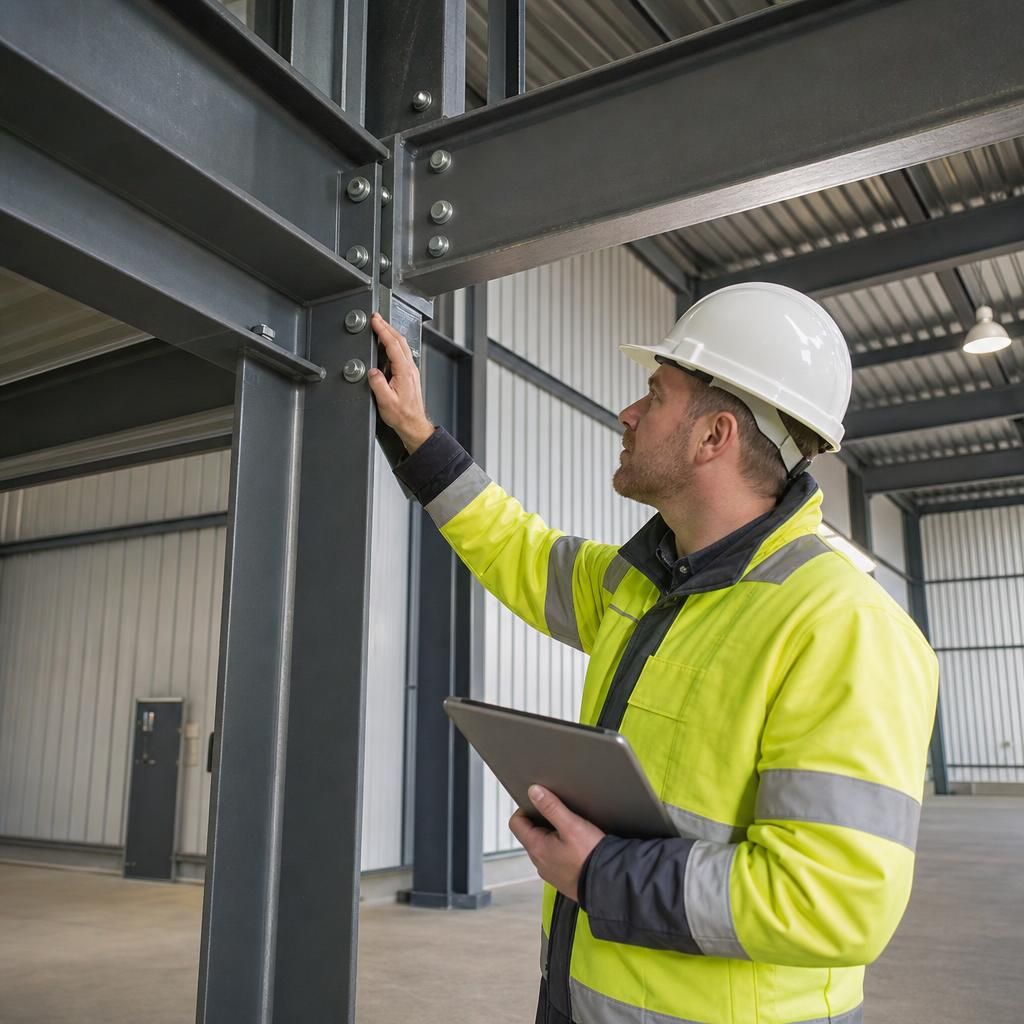 Worker inspecting steel frame connections inside an industrial building