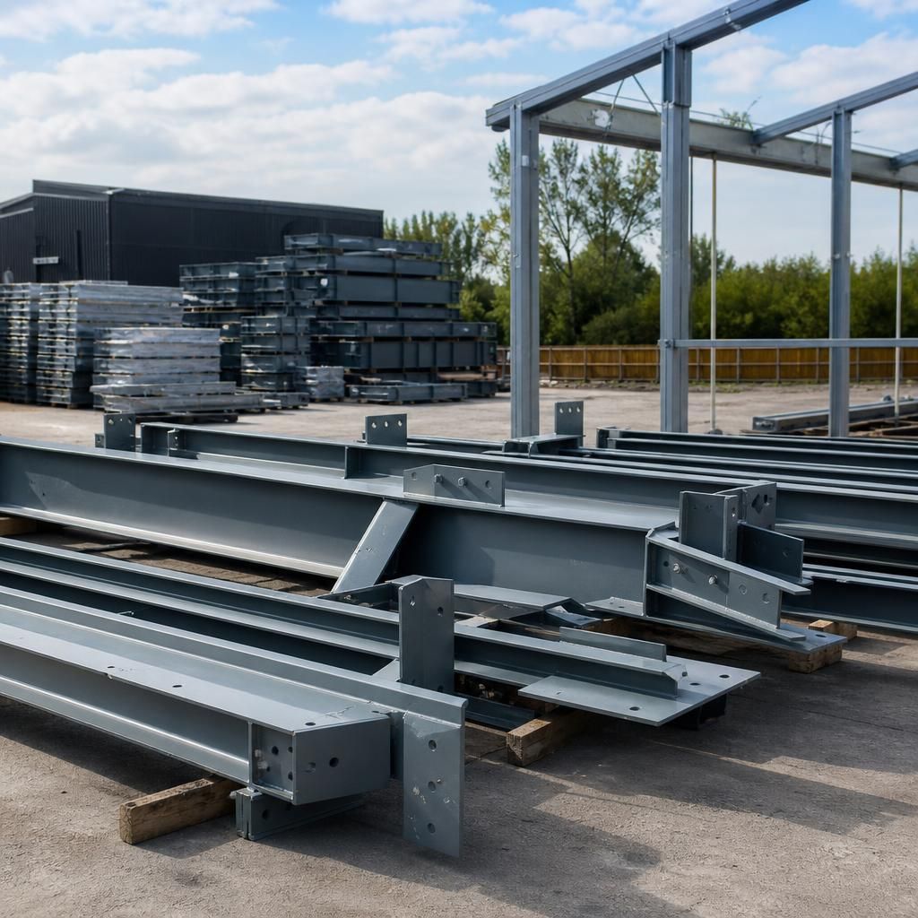 Hot rolled steel frame components prepared for an industrial office and warehouse kit
