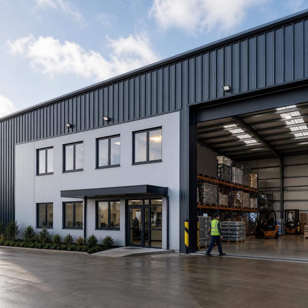 Steel-framed commercial warehouse with an integrated office and welfare block