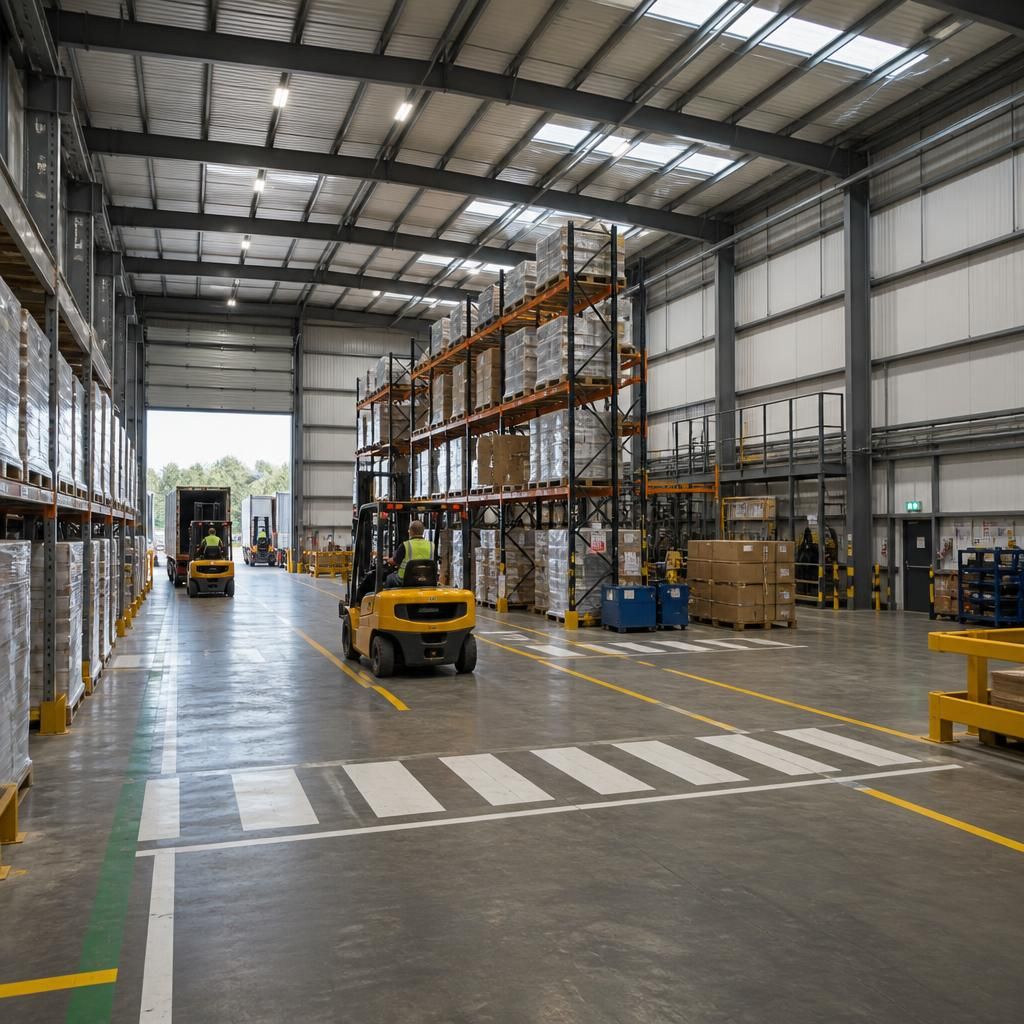 Steel-framed commercial warehouse interior with pallet racking and marked vehicle routes