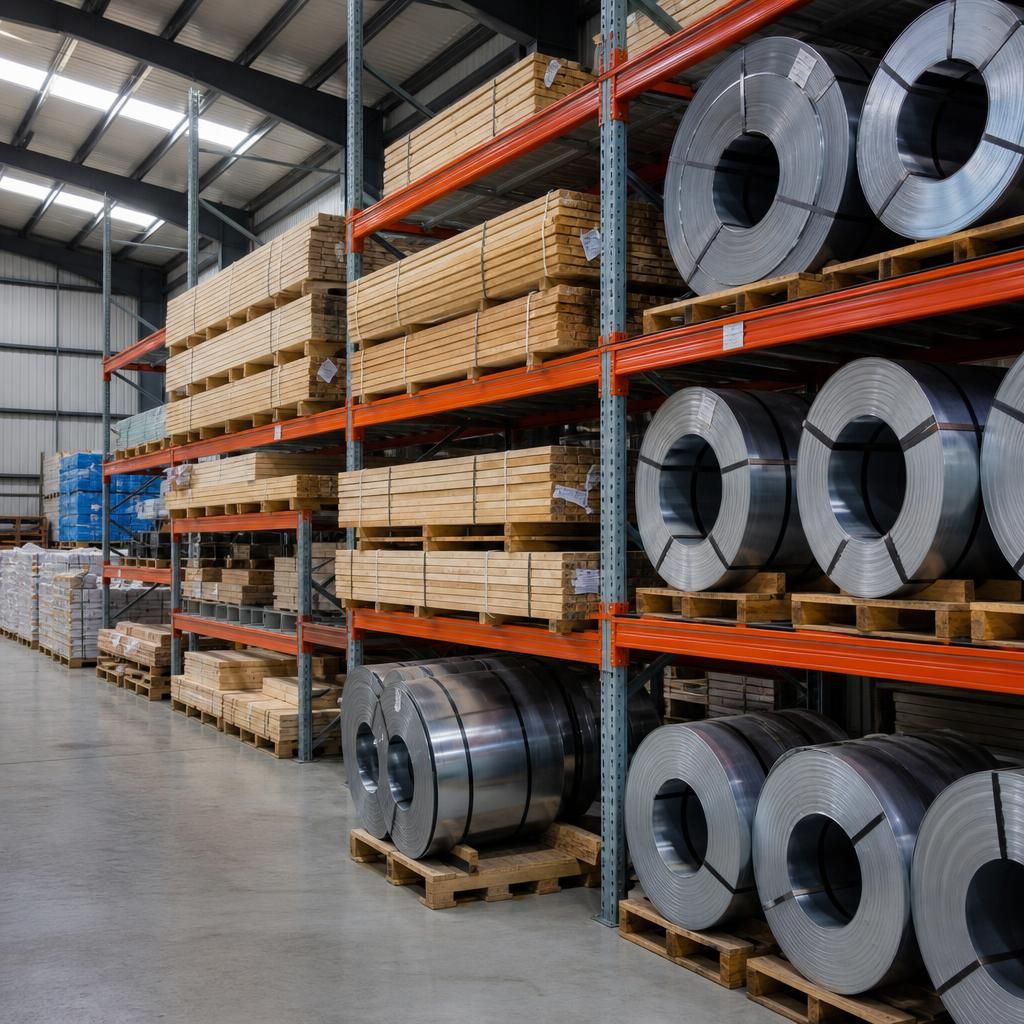 Steel coils and timber stored on warehouse racks and pallets