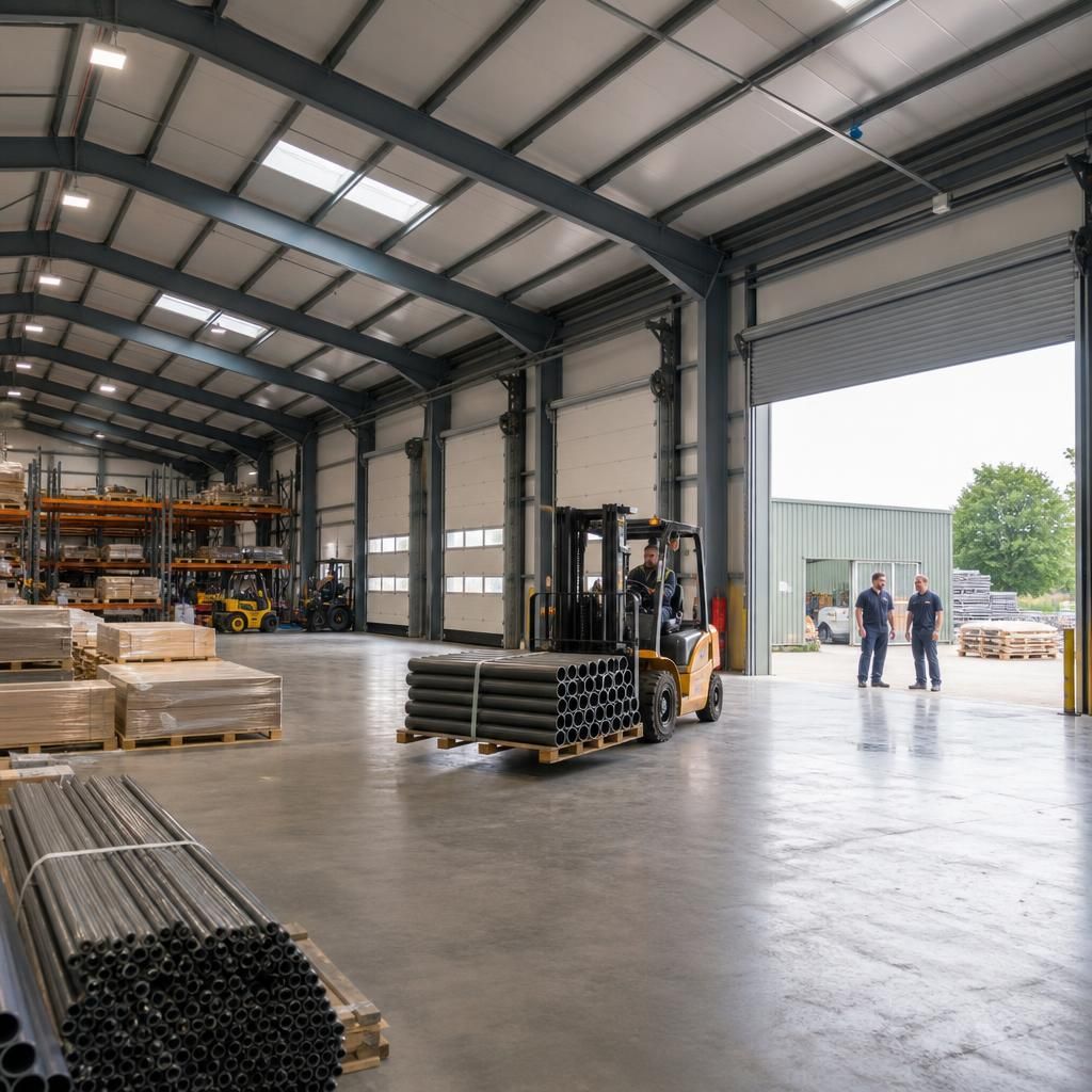 Steel-framed warehouse with loading doors and internal storage space