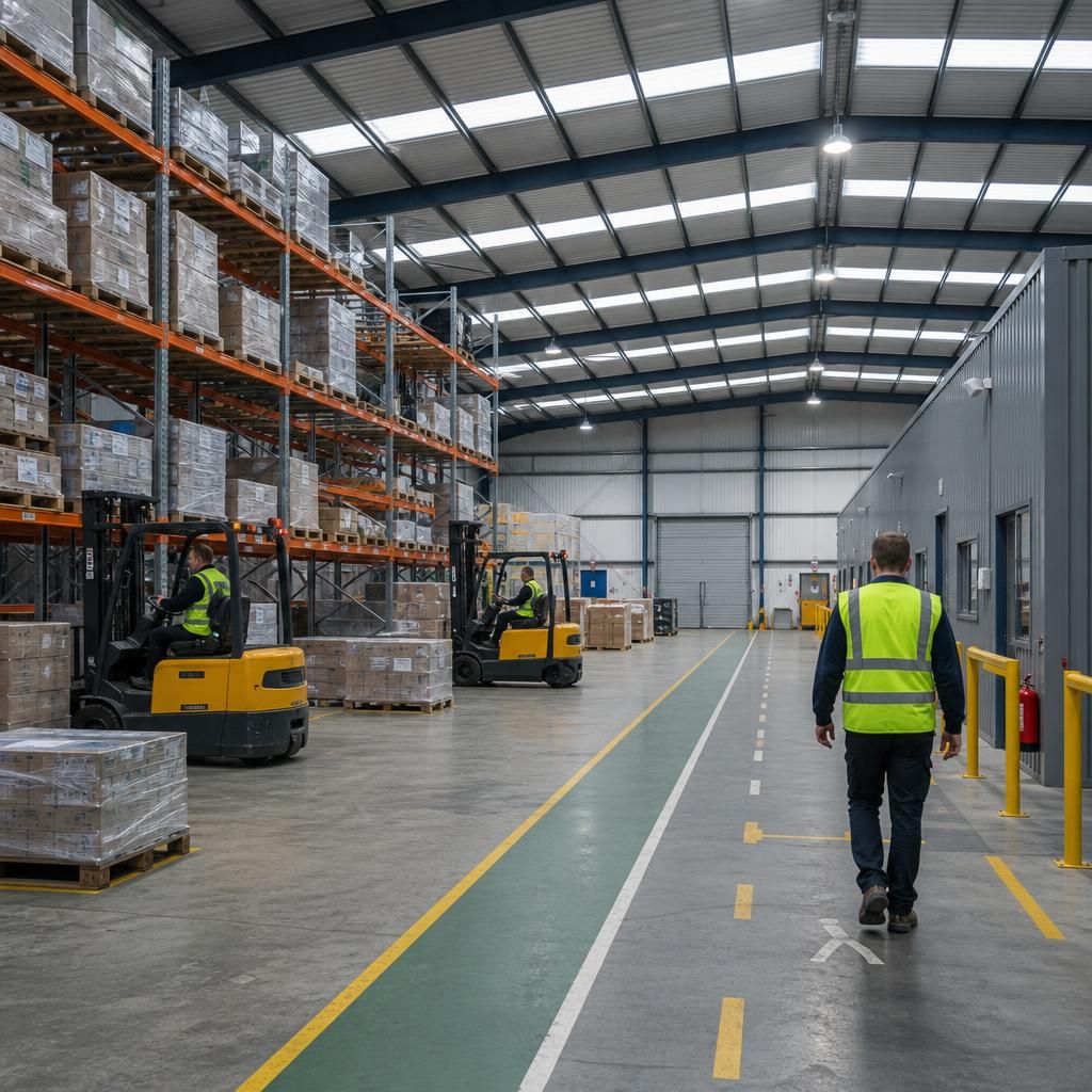 Steel warehouse interior with racking, forklifts and marked circulation routes