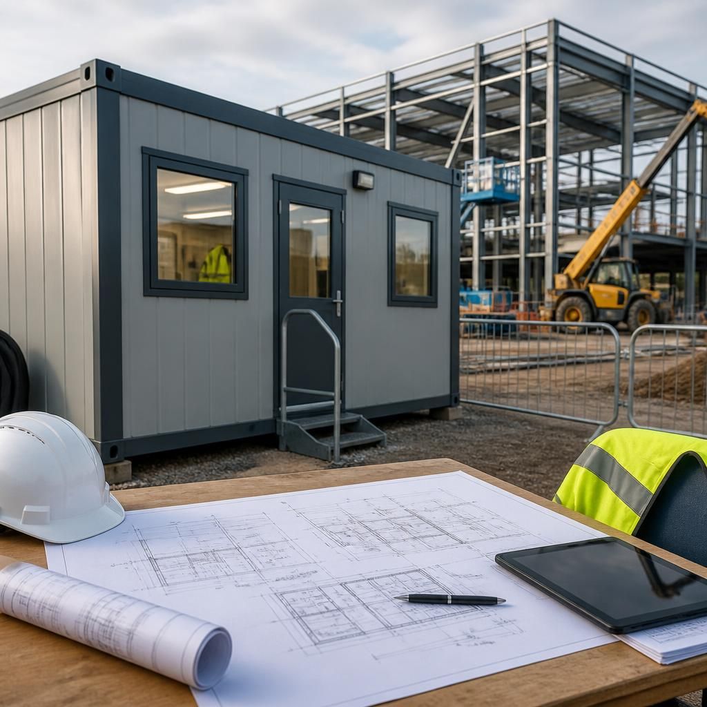 Temporary site office beside a construction project with planning drawings on a desk