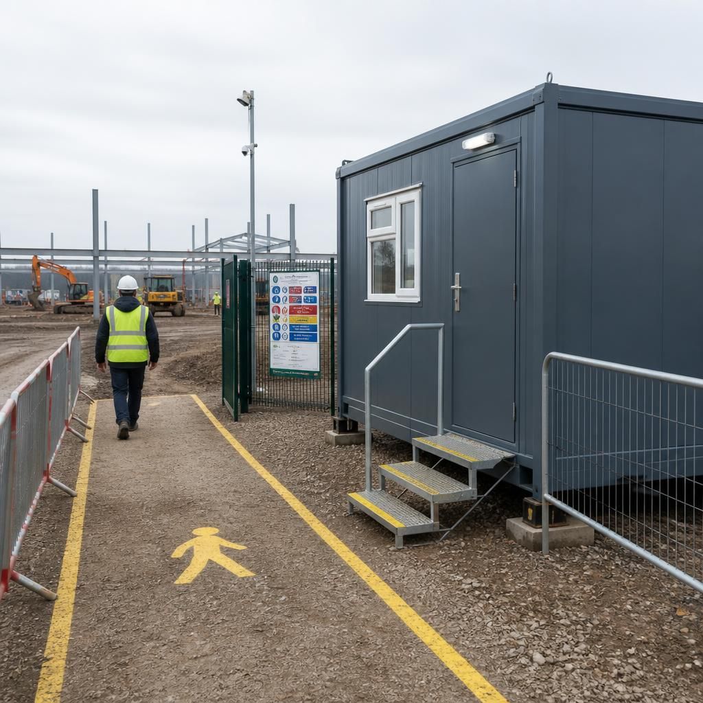 Construction site office cabin beside a marked pedestrian route and site entrance