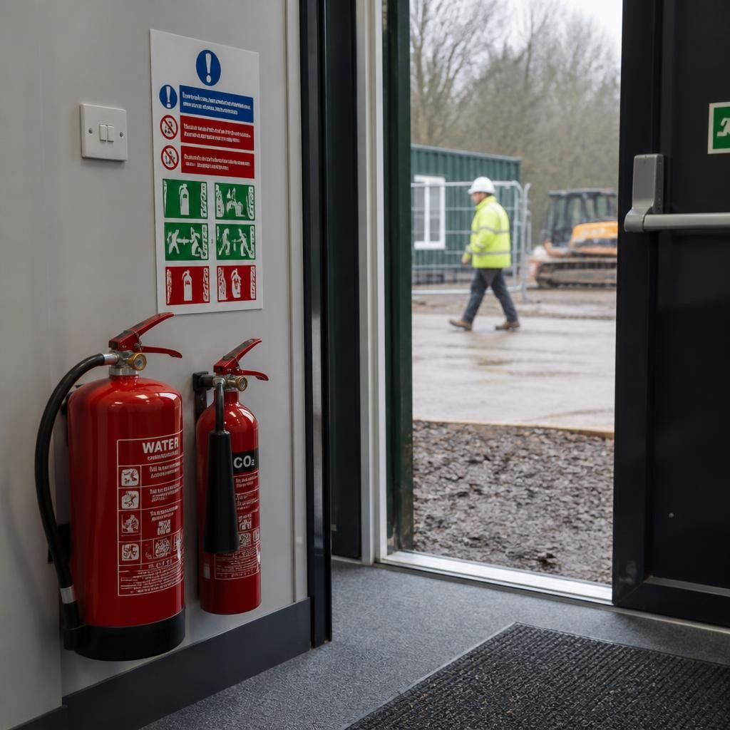 Fire action notice beside an emergency exit in a construction site office