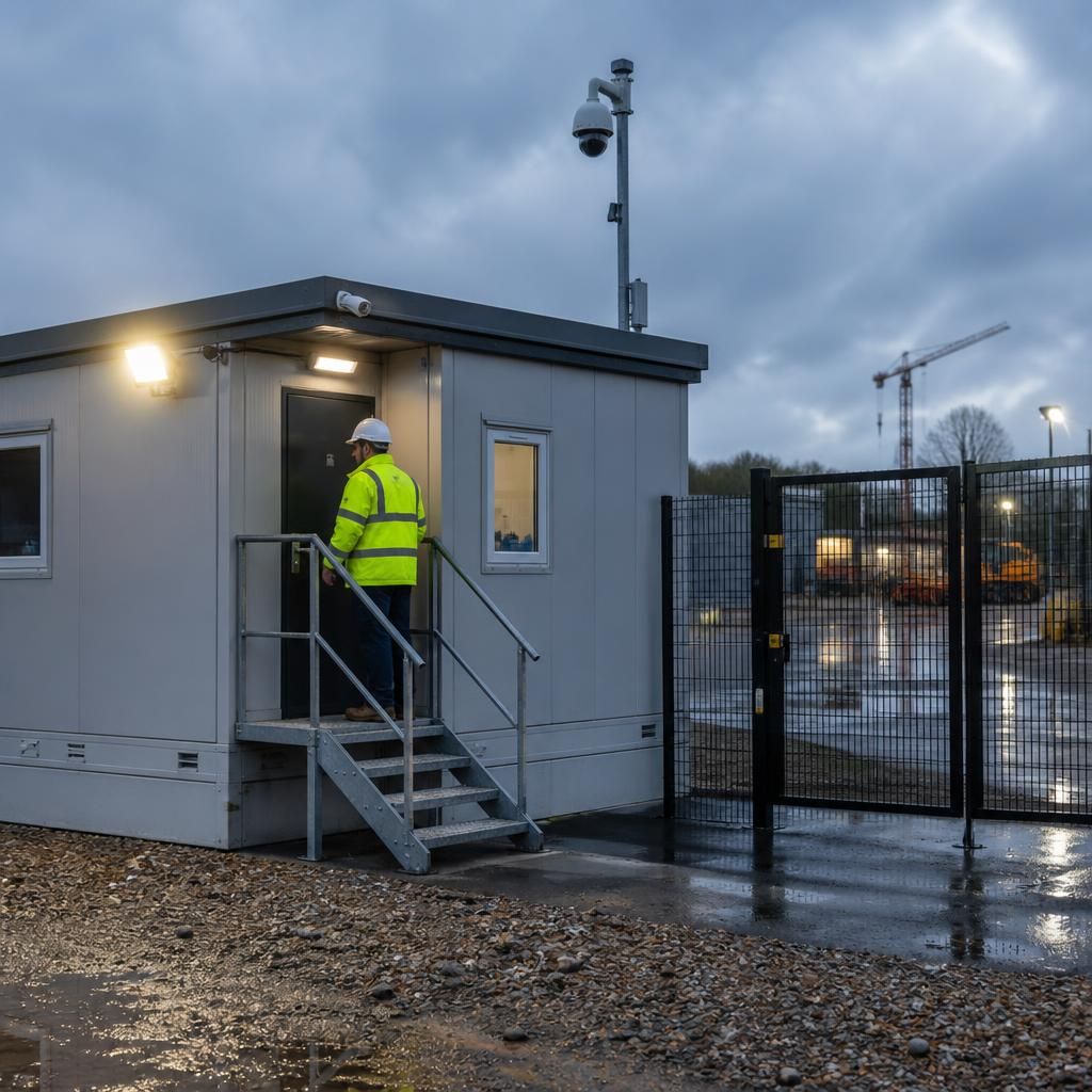 Construction site office beside perimeter fencing, external lighting and a closed access gate