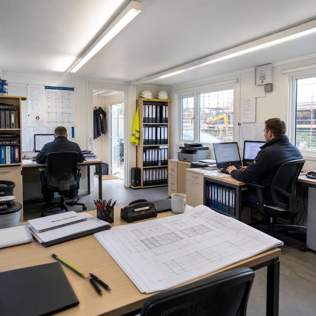 Construction site office with desks, building plans and document storage