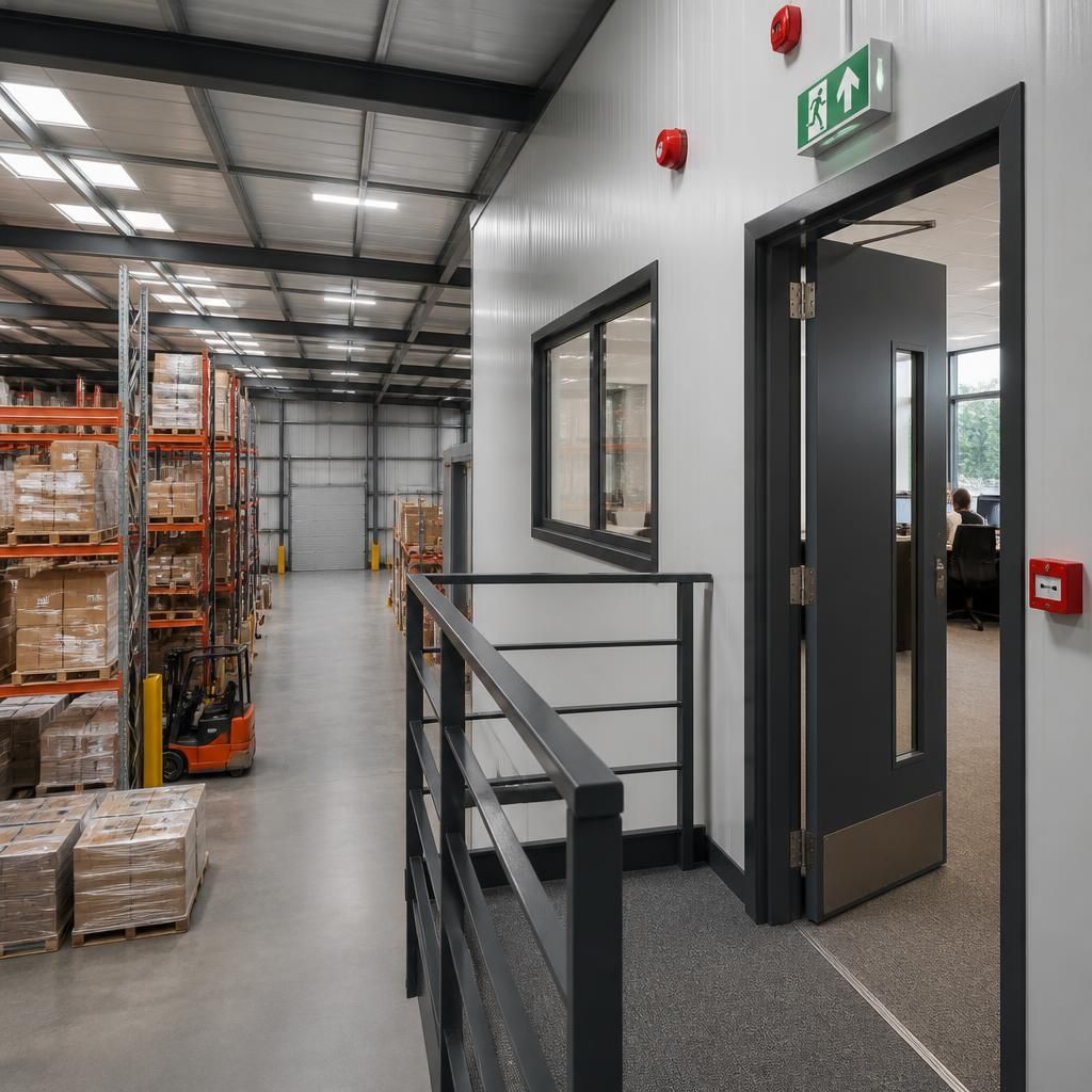 Steel-framed industrial building showing warehouse and office areas with fire doors