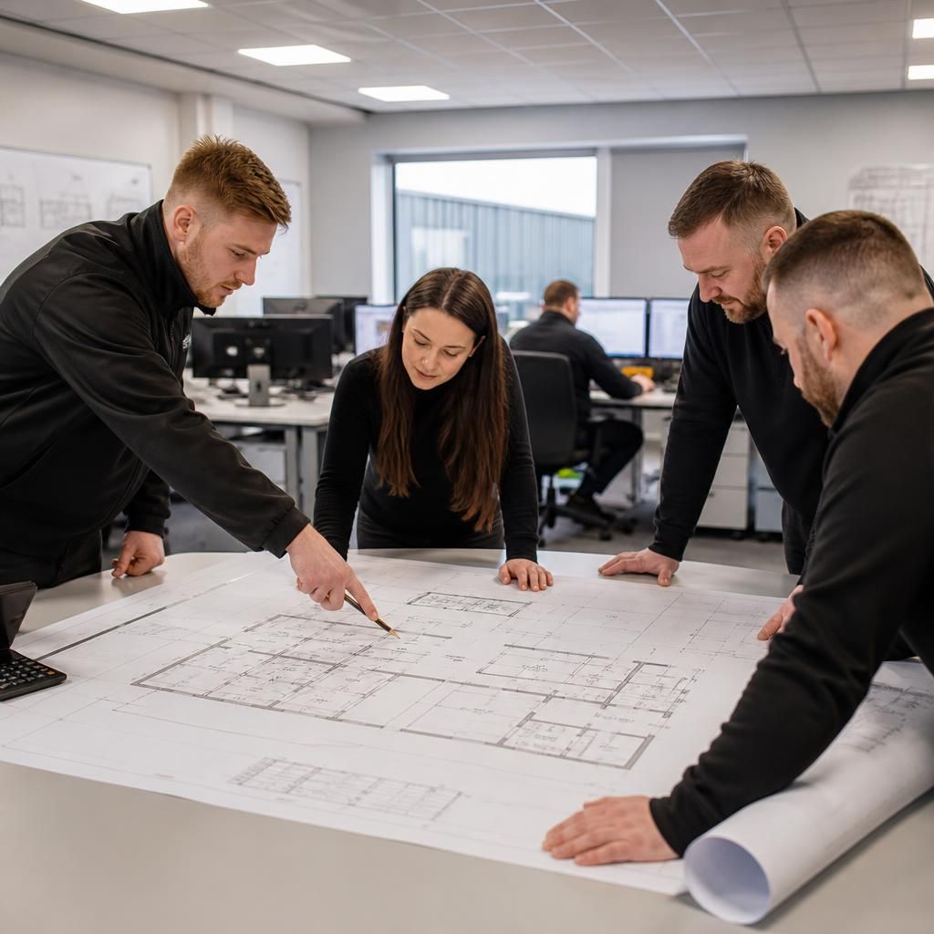 Warehouse office floor plan showing workstations, meeting room and welfare areas