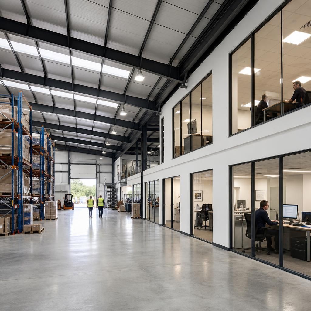 Steel framed warehouse office building with open floor space and internal partition lines