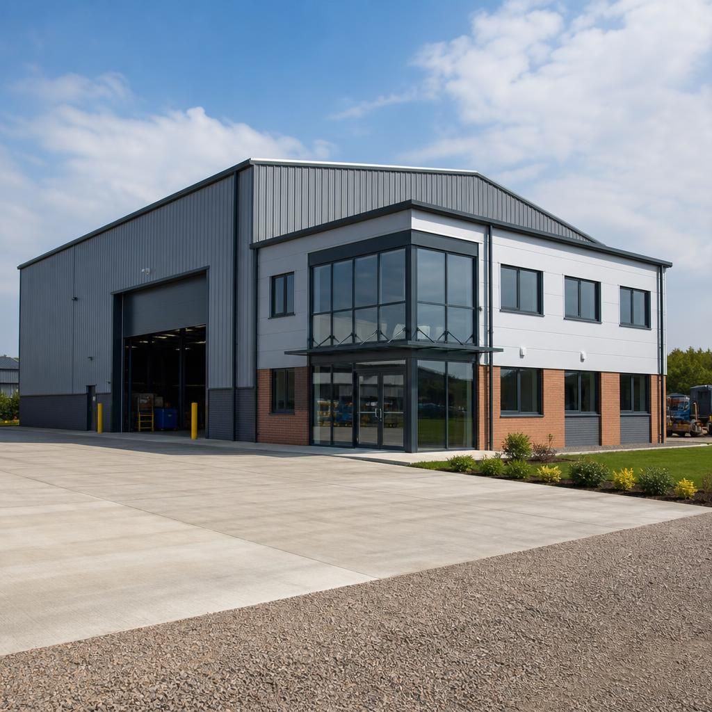 Steel-framed warehouse with an attached office block and glazed entrance