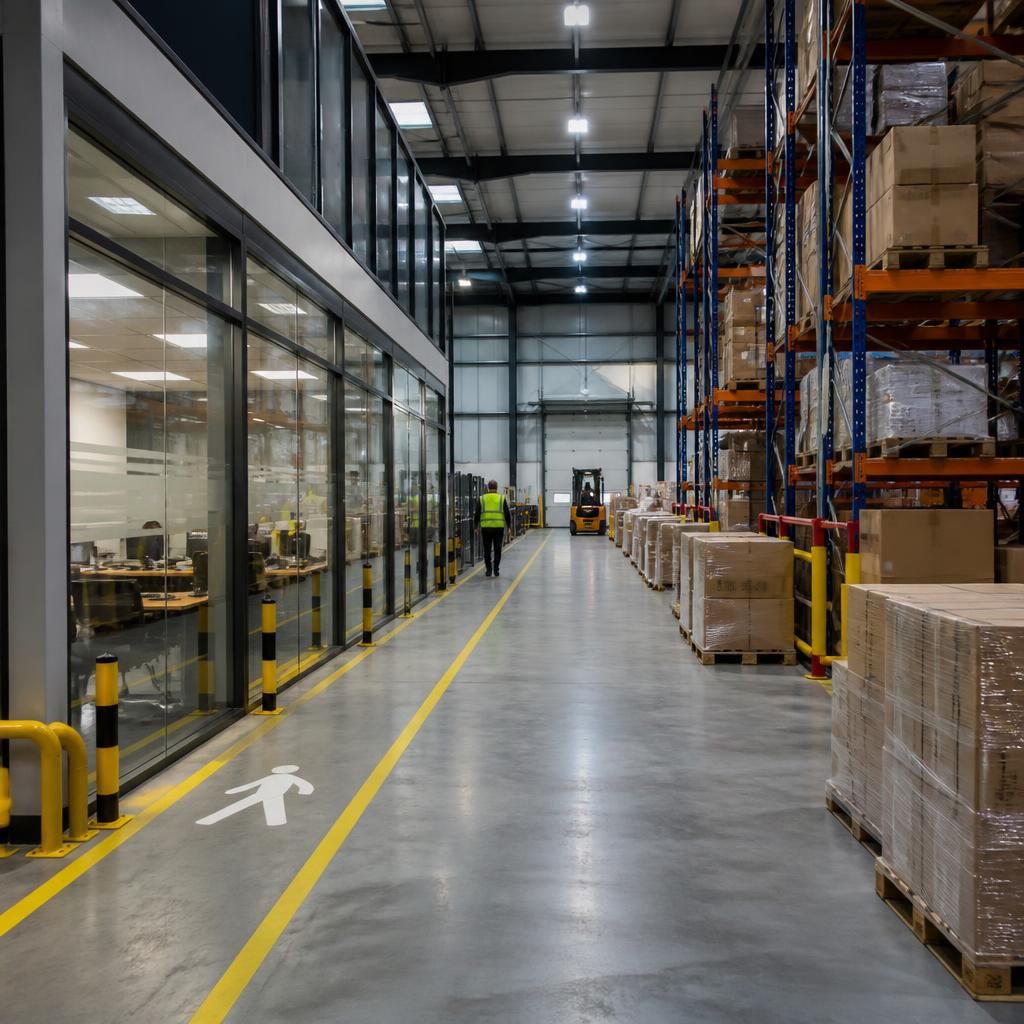 Warehouse interior with adjoining glazed offices, storage racking and marked pedestrian routes