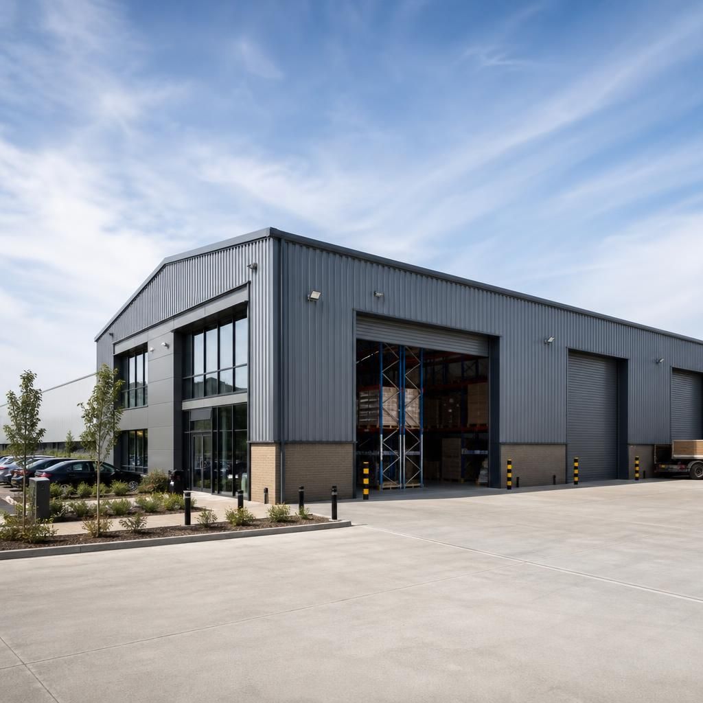 Steel-framed warehouse with integrated offices, loading doors and a surfaced vehicle yard