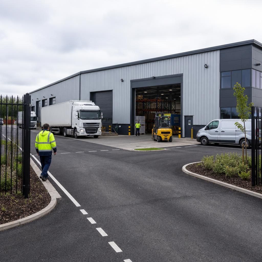 Industrial warehouse yard with a covered loading bay and steel personnel entrance