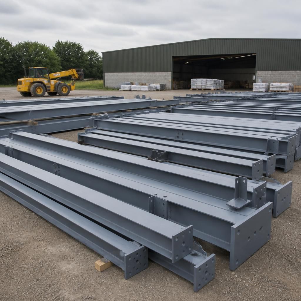 Hot rolled steel frame components arranged for an industrial building kit